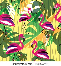 Seamless pattern. Pink stylized flamingos and green leaves on yellow backround. Vector graphic illustration.