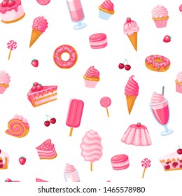 seamless pattern of pink sweet food. Donut, ice cream, muffins, smoothies, macaroons and candies with pink topping.Texture for fabric, wrapping, wallpaper. Decorative print.