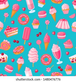 seamless pattern of pink sweet food. Donut, ice cream, muffins, smoothies, macaroons and candies with pink topping.Texture for fabric, wrapping, wallpaper. Decorative print.