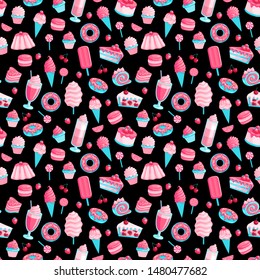 seamless pattern of pink sweet food. Donut, ice cream, muffins, smoothies, macaroons and candies with pink topping.Texture for fabric, wrapping, wallpaper. Decorative print.