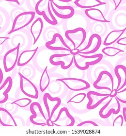 Seamless Pattern with Pink Symbolical Flowers and Leaves and Rings on Tile White Background. Vector