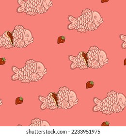 Seamless pattern with pink taiyaki fish and strawberries. Vector graphics.