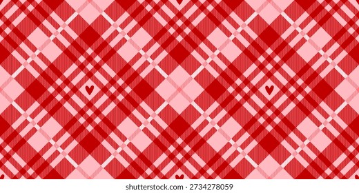 Seamless pattern pink tartan plaid with hearts. Valentines Day vector illustration