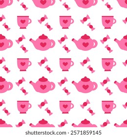 Seamless Pattern with pink teapot, cup and candy. Valentine day. Vector flat illustration.