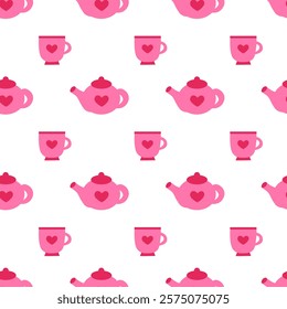 Seamless Pattern with pink teapot and cup. Valentine day. Vector flat illustration.