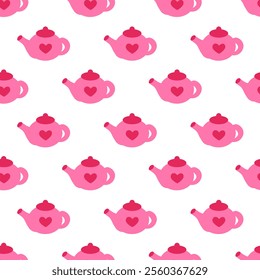 Seamless Pattern with pink teapot. Valentine day. Vector flat illustration.