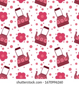 Seamless pattern of pink teapots and flowers. Vector illustration.