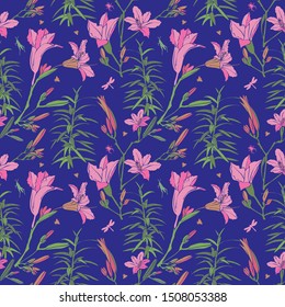 seamless pattern of pink tender iris on a green stem with leaves on a blue background. flowered background. The pattern is perfect for textiles, wallpapers, posters.