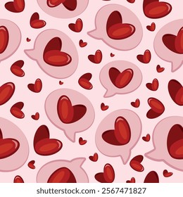 seamless pattern with pink thought bubble icon and red hearts placed randomly on a pink background, valentine's day pattern