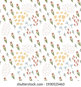 Seamless pattern in pink tones from hand-drawn  tulip flowers and plants. Botanical background, vector illustration