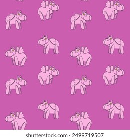 Seamless pattern with pink toy hippo with wings. Colored vector background.