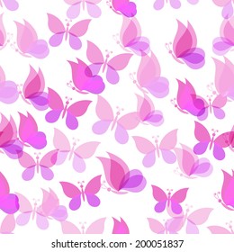 Seamless pattern, pink transparent butterflies isolated on white background. Eps10 contains transparencies. Vector