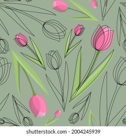 Seamless pattern with pink and transparent tulip flowers with black outlines on a mint background. Spring botanical floral vector art design for paper, wrapping, cover, textile, fabric, linen, print