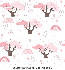 Seamless pattern with pink trees, hearts and rainbows,vector illustration.