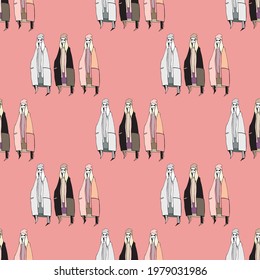 
seamless pattern pink with trendy illustration of three girls in coats color vector