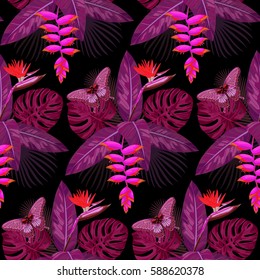 Seamless Pattern of pink tropical bouquet with flowers, leaves and butterfly isolated on black background. Romantic tropic floral wallpaper.
