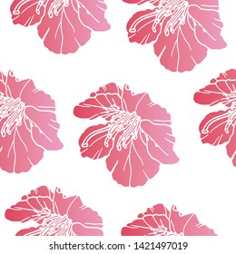 Seamless pattern with pink tropical flowers. Hand drawn spring flower. Floral background. Outline drawing. Vector botanical illustration. Hand drawn nature painting. Freehand sketching illustration.