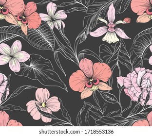 Seamless pattern with pink tropical flowers