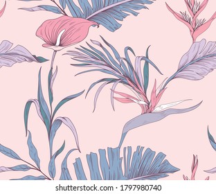 Seamless pattern with pink tropical flowers and leaves. Delicate pattern with trendy colors