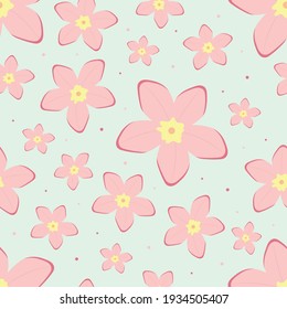 Seamless pattern with pink tropical plumeria flower. Blue background. Vector illustration.