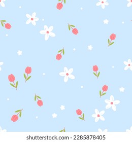 Seamless pattern with pink tulip and white flower on blue background vector illustration. Cute floral print.