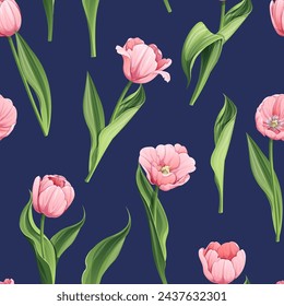 Seamless pattern with pink tulips. Background for March 8, Mother's Day.Texture with spring flowers. Great for wrapping paper, textiles, fabric, wallpaper, etc.