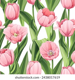 Seamless pattern with pink tulips. Background for March 8, Mother's Day.Texture with spring flowers. Great for wrapping paper, textiles, fabric, wallpaper, etc.