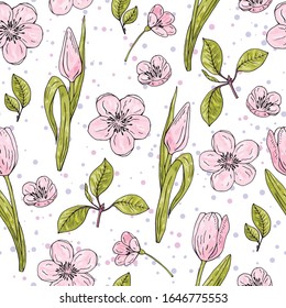 Seamless pattern with pink tulips, cherry blossom, watercolor splashes. Continuous pattern with romantic elements. Endless texture for the spring season. For various design, print.