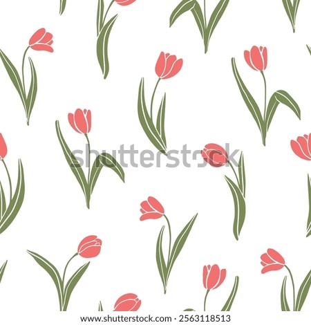 Seamless pattern with pink tulips, colorful spring flowers