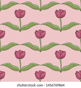 Seamless pattern with pink tulips for fabric, textile, clothes, tablecloth and other things. Vector image. Endless background with flowers for your design. 