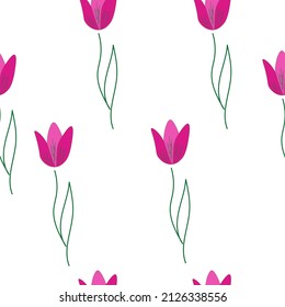 Seamless pattern pink tulips flowers and leaf isolated on white background. Ornament for wall paper or textile, vector design eps 10