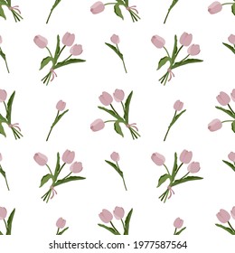 Seamless pattern with pink tulips and green leaves, on a white background. Flowering plants. For the design of fabric, wrapping paper, postcards, wallpaper.