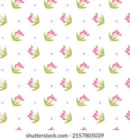 Seamless pattern with pink tulips and green leaves on white background.