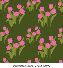 Patrón sin fisuras con tulipanes rosados y hojas verdes sobre un fondo de oliva profundo, impresión floral de primavera audaz para tela, Fondo de pantalla, envoltura de regalo. Ilustración vectorial
