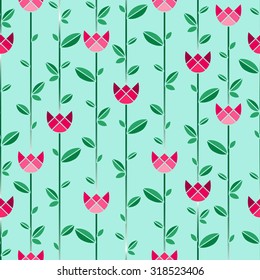 Seamless pattern with pink tulips and green leaves on the blue background. Wallpaper or textile design.
