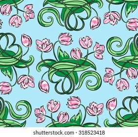 Seamless pattern with pink tulips and green leaves on the blue background. Wallpaper or textile design.