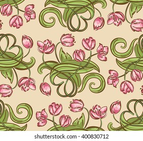 Seamless pattern with pink tulips and green leaves on the orange background. Wallpaper or textile design.