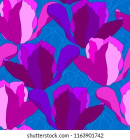 Seamless pattern with pink tulips. Hand drawn floral background.