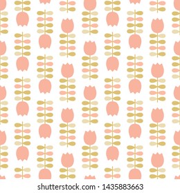 Seamless pattern with pink tulips and leaves