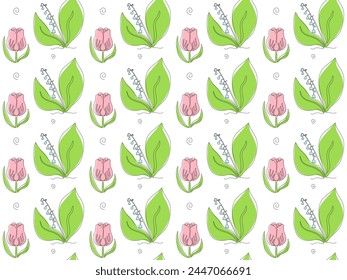 Seamless pattern of pink tulips and lilies of the valley. line art, sketch on white background