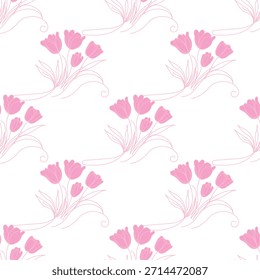 Padrão sem costura com tulipas cor-de-rosa linha arte. Projeto primavera fresco perfeito para têxteis, papel de parede, papel de embrulho, papelaria e design de superfície decorativa.