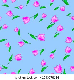 Seamless pattern from pink tulips on a blue background.