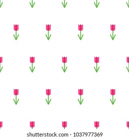 Seamless pattern with pink tulips on green stem and leafs for background in web, print, cover, wallpaper, digital design in flat minimalistic style