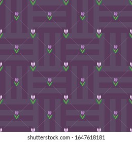 Seamless pattern with pink tulips on a geometric background. Drawing for fabric or wrapping paper.