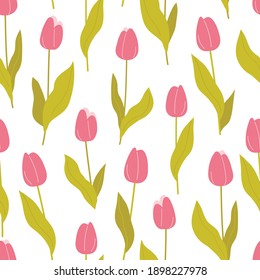 Seamless pattern of pink tulips on a white background. Beautiful spring flowers. Use for textile, postcards,wallpaper, wrapping paper. Vector illustration in flat style