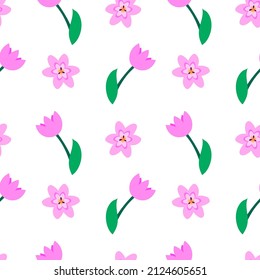Seamless pattern with pink tulips on white background. Vector illustration for wrapping paper, textile and decoration.