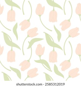 Seamless pattern pink tulips on white background. Botanical spring flower template in pastel colors. Vector illustration