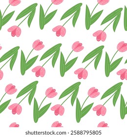 Seamless pattern with pink tulips on white background