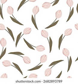 Patrón sin fisuras con tulipanes rosados sobre fondo blanco. Ilustración vectorial con lindas flores y hojas para envolver papel, Fondo de pantalla, tela, tarjeta.