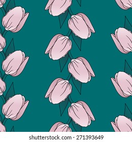Seamless pattern of pink tulips in opposite direction garlands. Vector illustration.